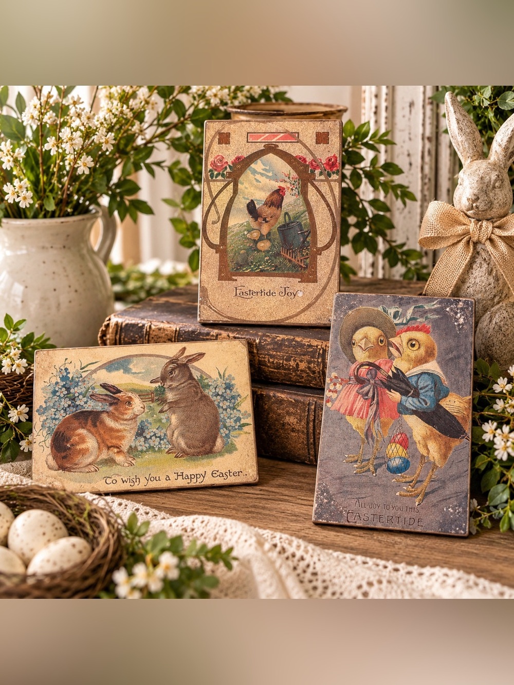 Vintage Style Easter Postcard Wall Plaques Set of 3 Bunny Chick Rooster Farmhous